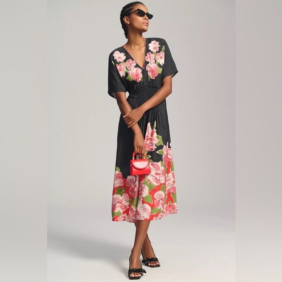 Bl-nk Anthropologie Floral Black Kimono Dress Plus One Size Boho Luxury Vacation - Picture 8 of 13